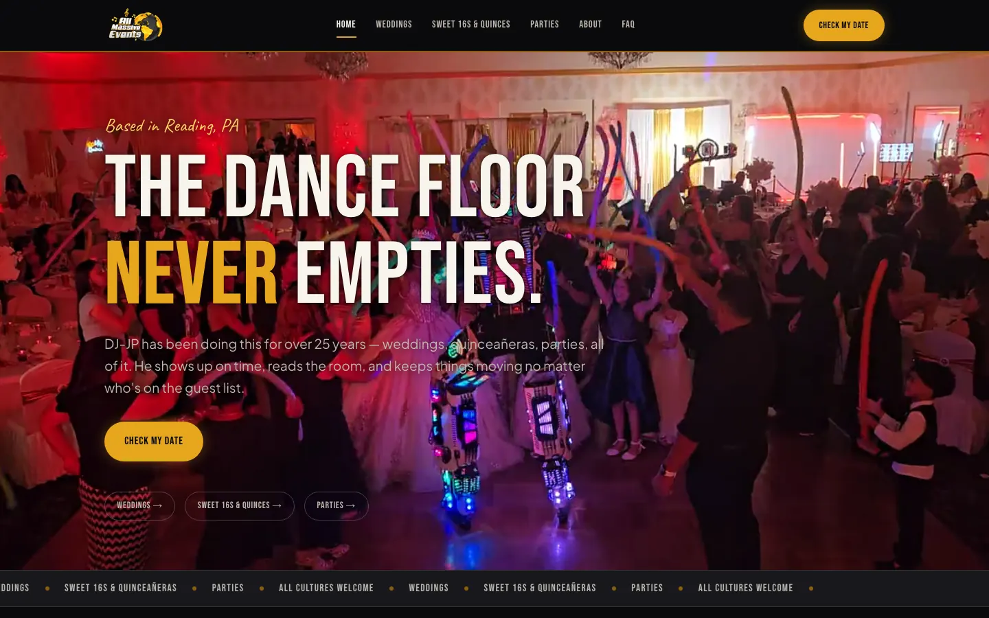 The All Massive Events home page on a desktop screen