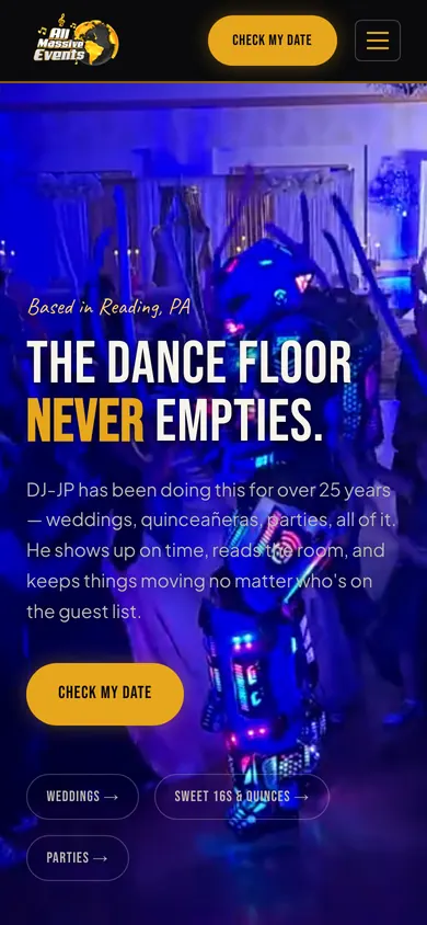 The All Massive Events home page on a phone screen