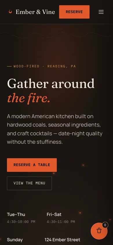 The Ember & Vine home page on a phone screen