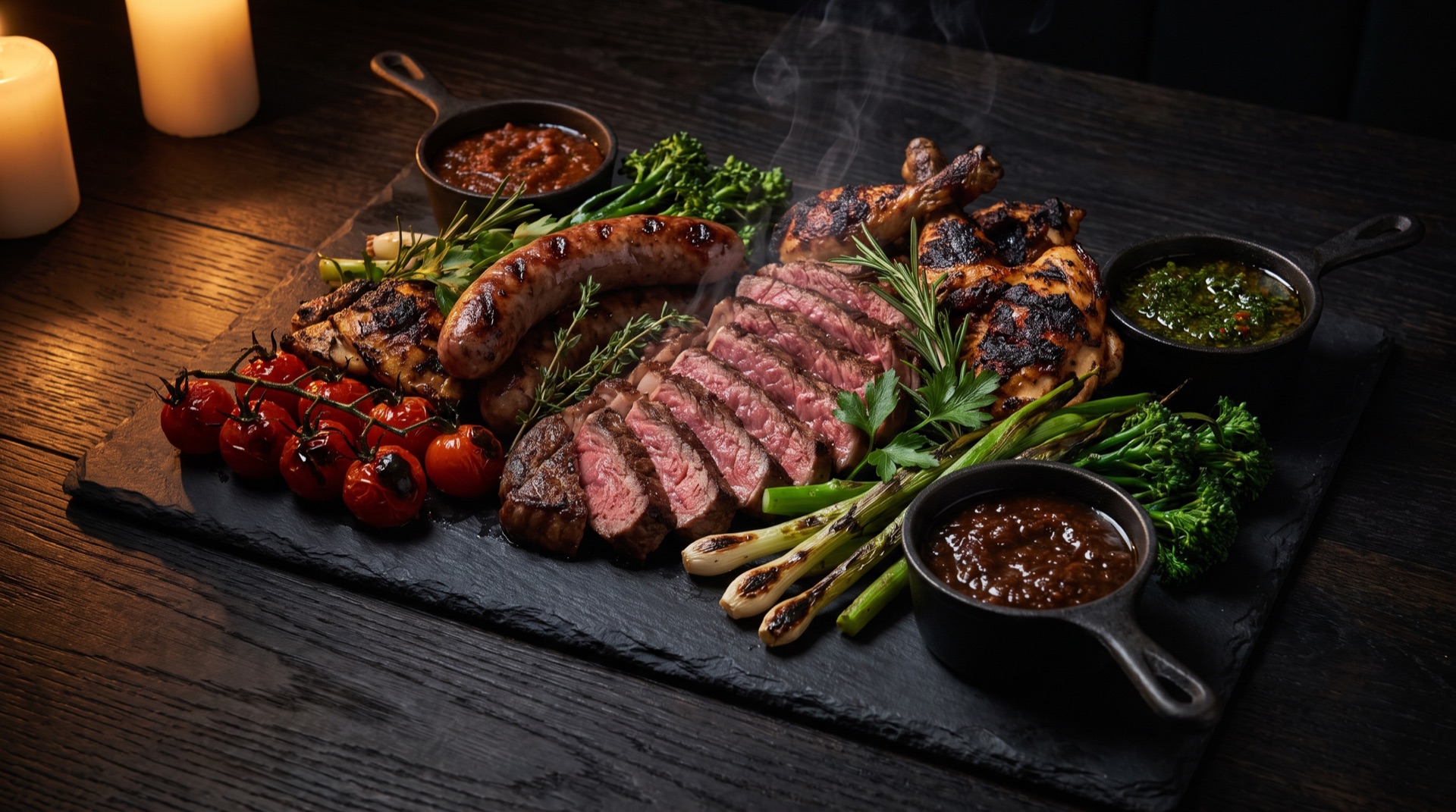 The Ember Board, a wood-fired sharing platter of sliced steak, grilled sausage, charred chicken, blistered vine tomatoes, and charred vegetables with three house sauces.