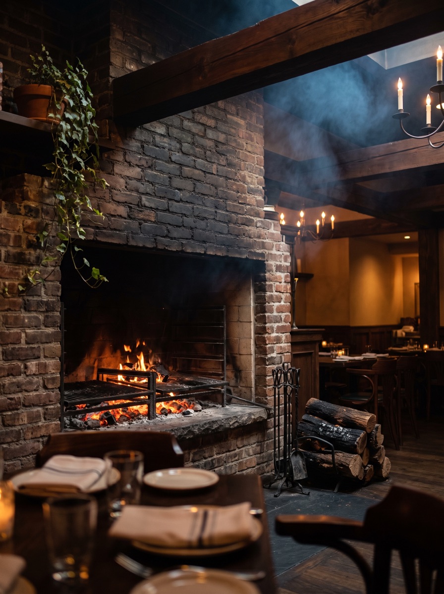 The open hardwood hearth at Ember & Vine, glowing coals beneath the grill grate, exposed brick and candlelight in the dining room beyond.